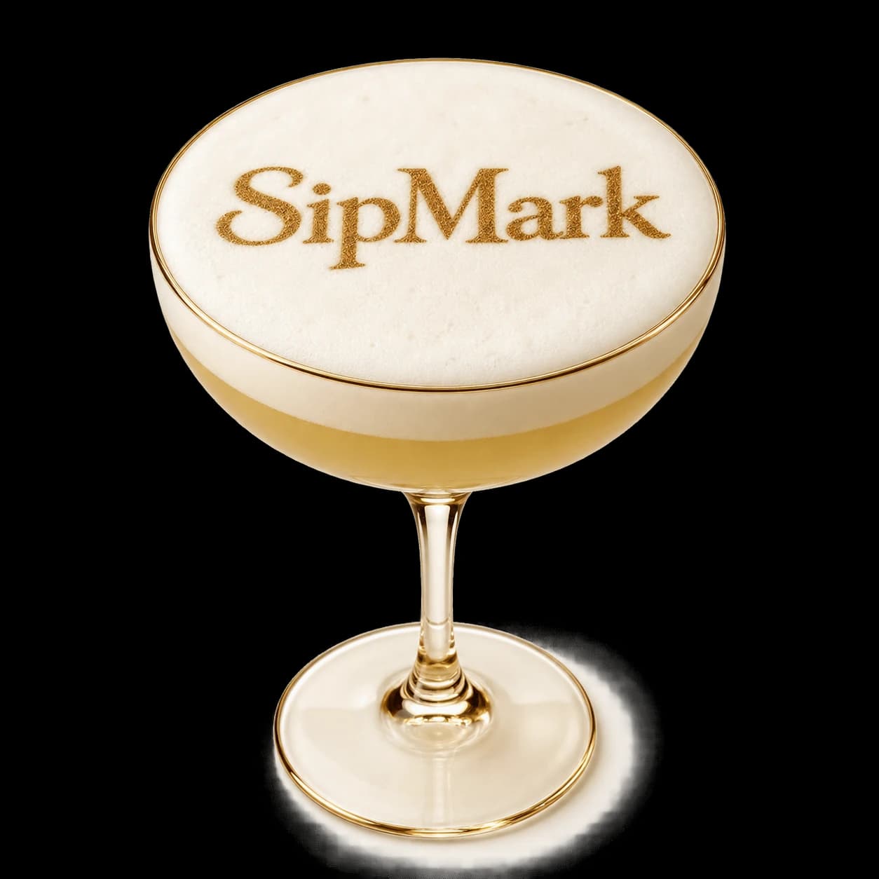 Cocktail glass with SipMark edible logo printed directly on velvety foam