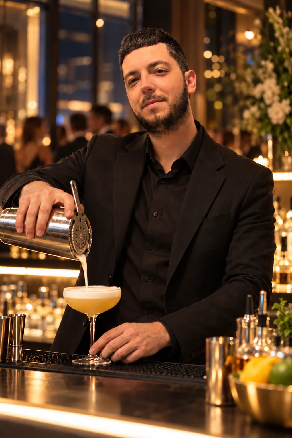 Professional SipMark bartender pouring a signature cocktail at an upscale evening event